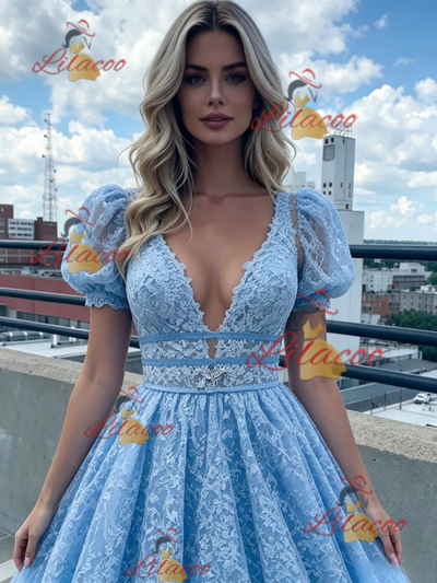 Blue Lace Puff Sleeve Prom Dress