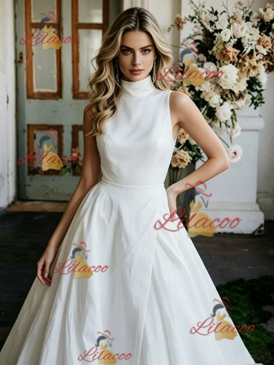 White Satin High Neck Wedding Dress