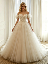 Ivory Tulle Off the Shoulder Pleats Wedding Dress