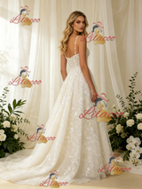 White Tulle Appliques Spaghetti Straps Wedding Dress