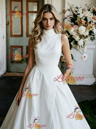 White Satin High Neck Wedding Dress