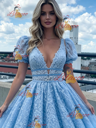Blue Lace Puff Sleeve Prom Dress