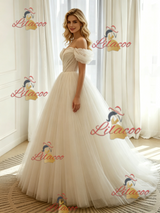 Ivory Tulle Off the Shoulder Pleats Wedding Dress