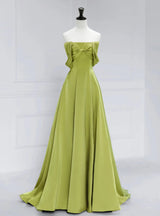 Green Satin Off the Shoulder Pleats Prom Dress