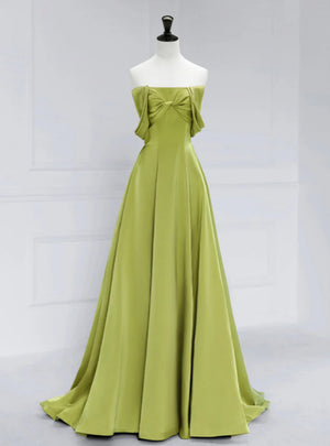 Green Satin Off the Shoulder Pleats Prom Dress