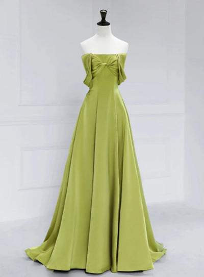 Green Satin Off the Shoulder Pleats Prom Dress