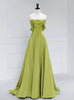Green Satin Off the Shoulder Pleats Prom Dress