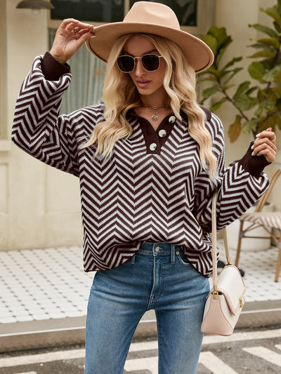 Striped Long Sleeve Color Matching Lapel Sweater