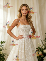 White Tulle Appliques Spaghetti Straps Wedding Dress