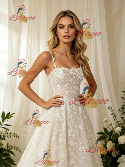 White Tulle Appliques Spaghetti Straps Wedding Dress