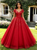 Red Sewquins V-neck Cap Sleeve Quinceanera Dress
