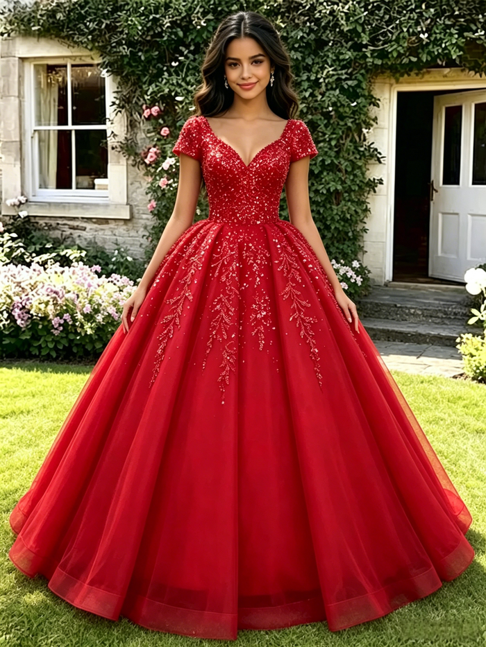 Red Sewquins V-neck Cap Sleeve Quinceanera Dress