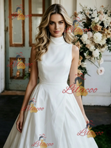 White Satin High Neck Wedding Dress
