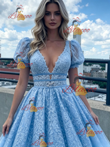 Blue Lace Puff Sleeve Prom Dress