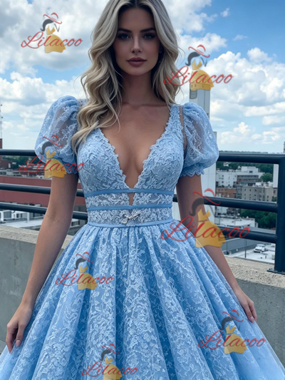 Blue Lace Puff Sleeve Prom Dress
