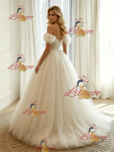 Ivory Tulle Off the Shoulder Pleats Wedding Dress