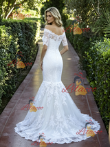 White Mermaid Lace Short Sleeve Wedidng Dress