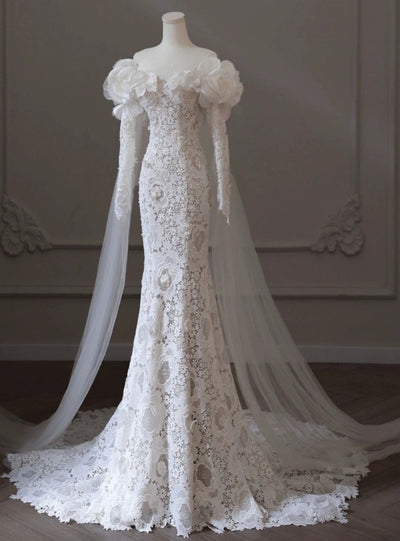 White Mermaid Lace Long Sleeve Wedding Dress
