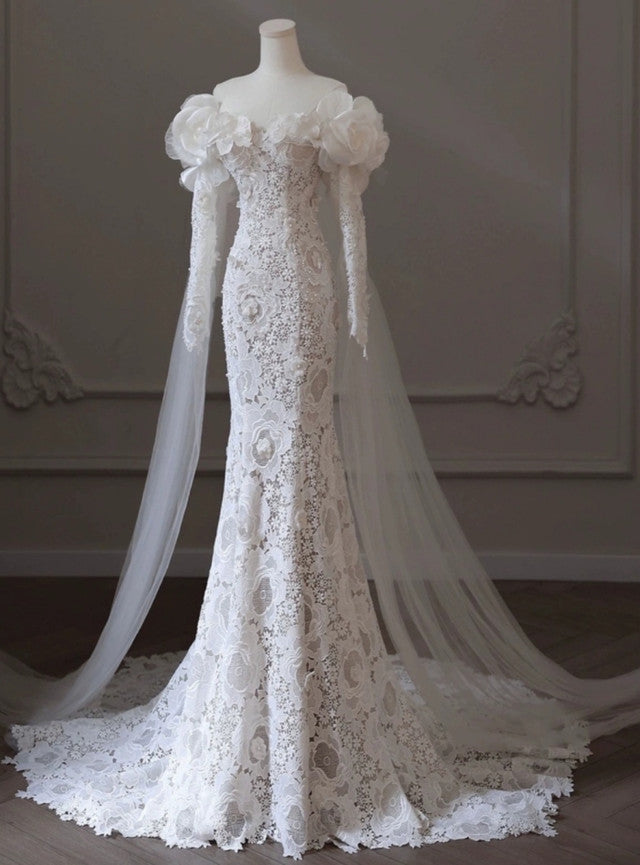 White Mermaid Lace Long Sleeve Wedding Dress