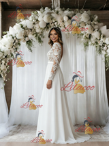 White Chiffon Appliques Long Sleeve Wedding Dress