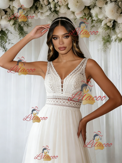 Beige White Tulle V-neck Wedding Dress