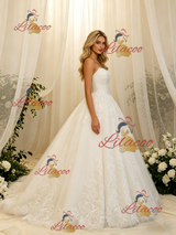 White Tulle Lace Strapless Pleats Wedding Dress
