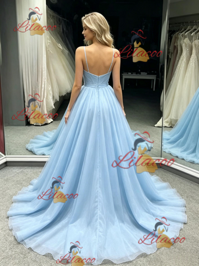 Blue Tulle Spaghetti Straps Prom Dress