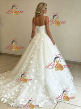 White Tulle Spaghetti Straps Butterfly Wedding Dress