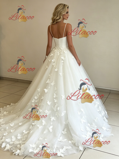 White Tulle Spaghetti Straps Butterfly Wedding Dress
