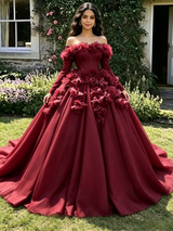 Burgundy Tulle Long Sleeve 3D Flower Quinceanera Dress