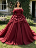 Burgundy Tulle Long Sleeve 3D Flower Quinceanera Dress