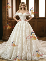 Ivory Lace Short Sleeve Off the Shoulder Wedding Dress