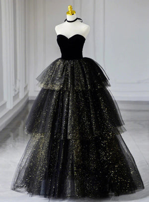Black Tulle Sequins Velvet Prom Dress
