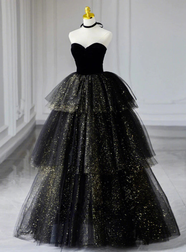 Black Tulle Sequins Velvet Prom Dress