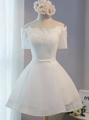 White Lace Appliques Short Sleeve Homecoming Dress