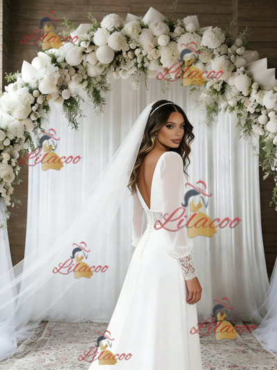 White Long Sleeve V-neck Lace Wedding Dress