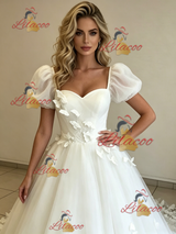 White Tulle Puff Sleeve Butterfly Wedding Dress