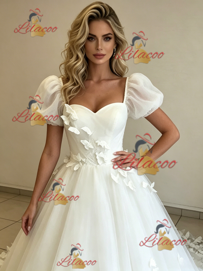White Tulle Puff Sleeve Butterfly Wedding Dress