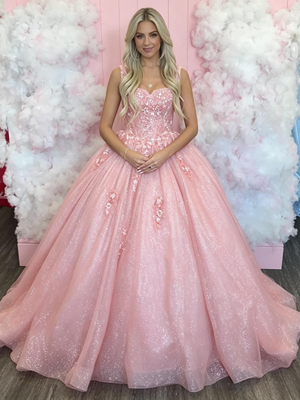 Pink Tulle Sequins Appliques Prom Dress