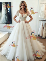 White Tulle V-neck Puff Sleeve Wedding Dress