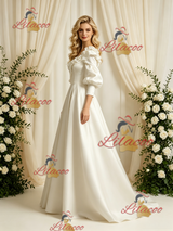Short Sleeve Satin Square Neck Wedding Dress
