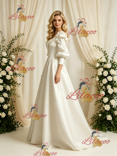 Short Sleeve Satin Square Neck Wedding Dress