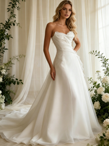 White Tulle Strapless Pleats Wedidng Dress