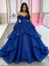 Blue Long Sleeve Sequins Beading Quinceanera Dress