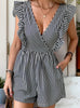 Retro Deep V-neck Ruffled Striped Jumpsuit