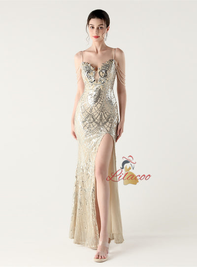 Mermaid Sequins Spaghetti Straps Beading Prom Dress