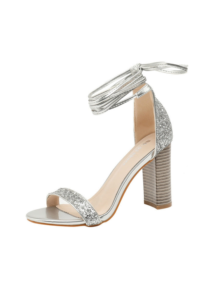Strapped Sequined Thick Heel Sandals