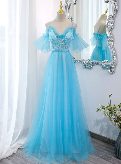 Blue Tulle Spaghetti Straps Beading Prom Dress