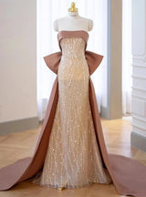 Champagne Mermaid Sequins Prom Dress With Bow