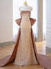 Champagne Mermaid Sequins Prom Dress With Bow
